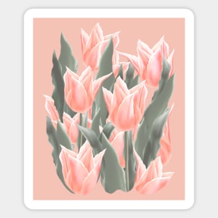 Stylish Peach Tulips Flowers Watercolor Illustration, coral pink color background Sticker